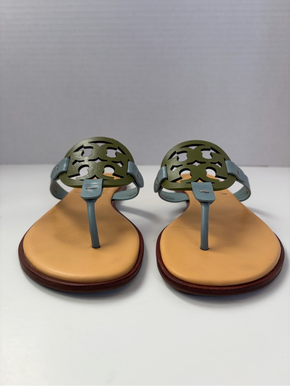 Tory Burch Miller Sandals Double T Logo Leather Green Tan Northern Blue Size 9M - Picture 2 of 16